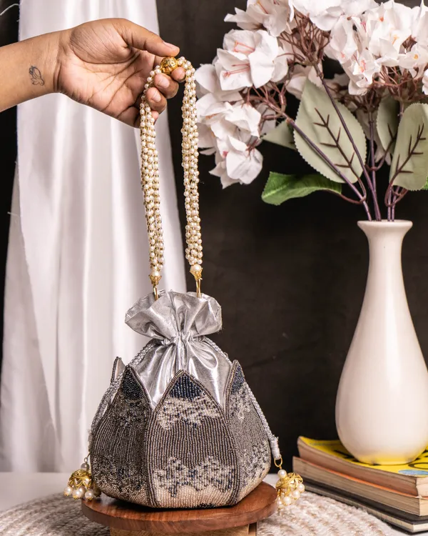 Midnight_Mirage_–_Luxury_Silver_Beaded_Lotus_Potli_Bag_with_Pearl_Handle